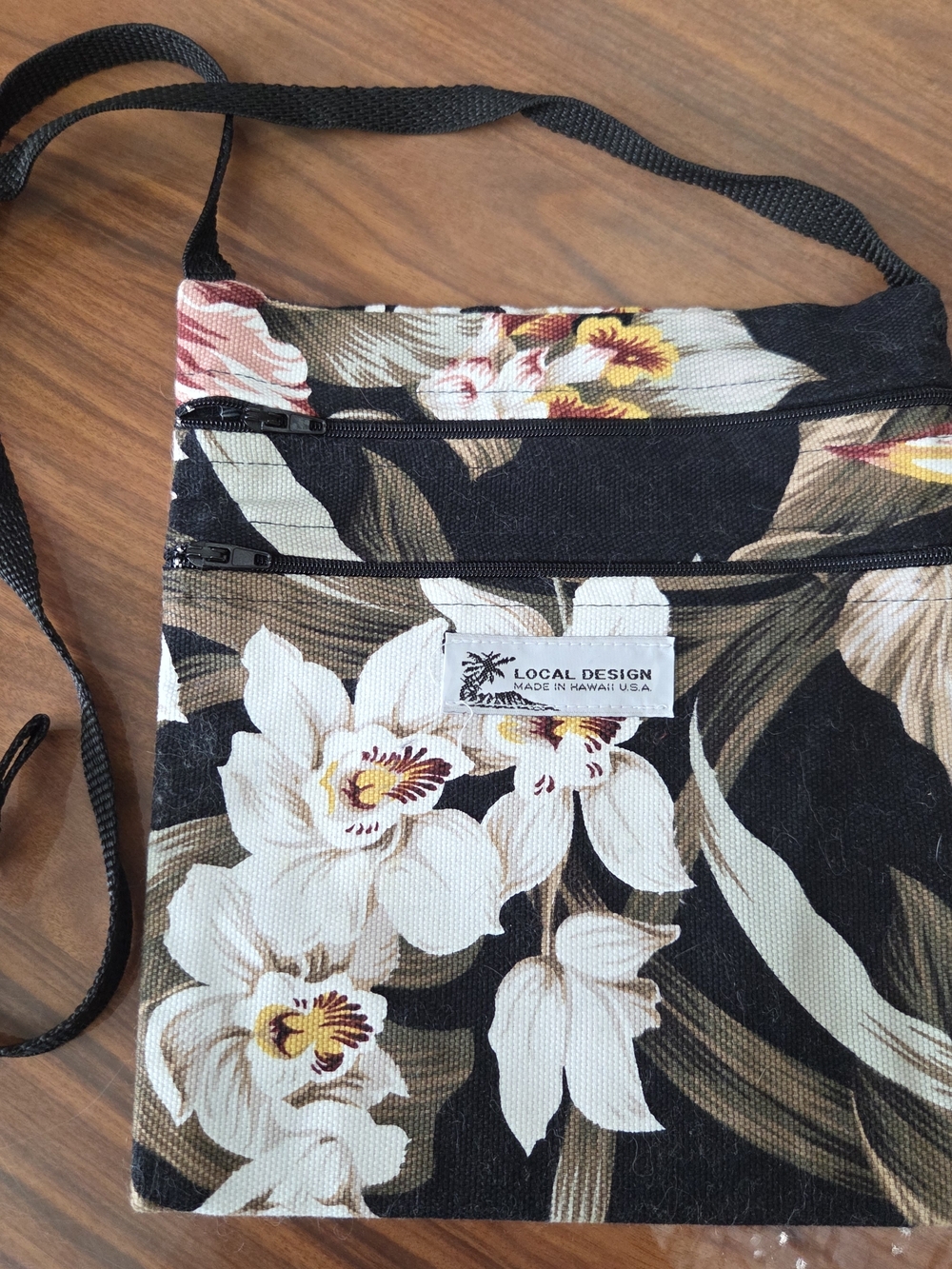 Local Design Made In Hawaii Black Floral Crossbody Bag with White Orchid Print